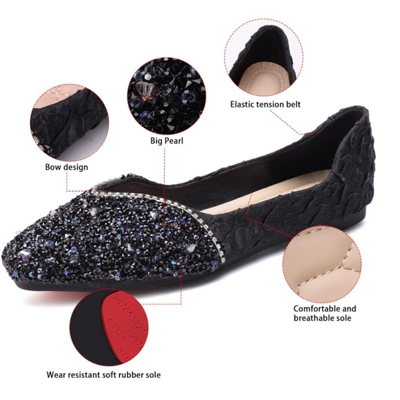 Women's Rhinestone  Square Ballet Flats Low Heel Women Wedding 7.5 Black - Picture 4 of 10